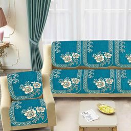 SAWNA HOMES Blue 6 Pieces Floral Printed 5 Seater Velvet Sofa Covers-image-99