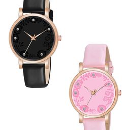 CSAMON Women Pack Of 2 Embellished Dial & Straps Analogue Watch C36RG BLK PINK R2 Leather-image-50