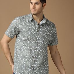 SNX Floral Printed Spread Collar Short Sleeves Cotton Tailored Fit Shirt-image-82