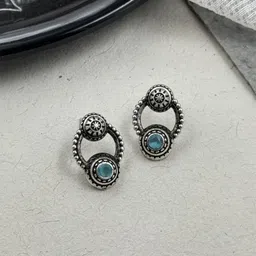 NAMAN ARTS Silver-Plated Artificial Stones Studded Circular Shaped Oxidised Drop Earrings-18
