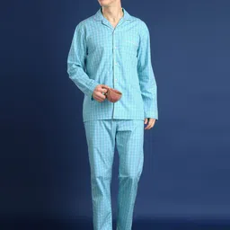 Hancock Men Checked Lapel Collar Pure Cotton Night suit-image-5
