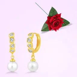 Peora Gold-Plated Cubic Zirconia & Pearls Studded Heart Shaped Drop Earrings With Rose-21