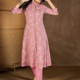 Inddus Floral Printed Mandarin Collar Thread Work Kurta With Trousers-picture-15
