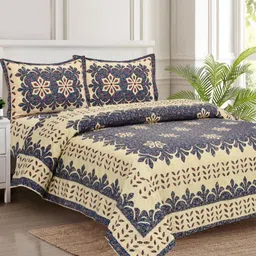 BED-SHEET.COM Blue & Beige Floral 260 Printed TC Cotton King Bedsheet Set 2.54 m x 2.74 m-52