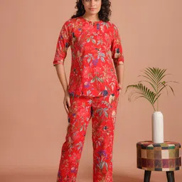 SANSKRUTIHOMES Women Printed Round Neck Cotton Top With Trouser Co-Ords-picture-23