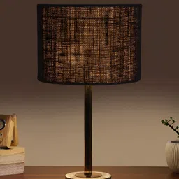 Aura Black & Copper Toned Traditional Cylindrical Shaped Jute Shade Wooden Table Lamp-23