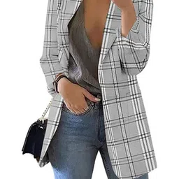 KPOP Women Checked Open Front Jacket-picture-22