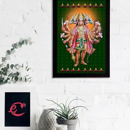 eCraftIndia Green & Orange Panch Mukhi Lord Hanuman Wooden Religious Wall Painting-43