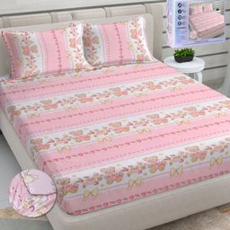FABINALIV Pink & White Cartoon Characters 300 TC King Bedsheet with 2 Pillow Covers-45