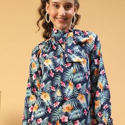 Oxolloxo Women Floral Printed Tie-Up Neck Top-image-89