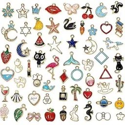 TREXEE 54 pcs Mixed Assorted Gold Plated Enamel Pendants Animal Moon Star Fruit Enamel, Alloy Charm Set-image-9