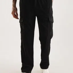 NEVER NEUD Men Corduroy Relaxed Cargo Trousers Poly Viscose Elastic Waist with Drawstring-43