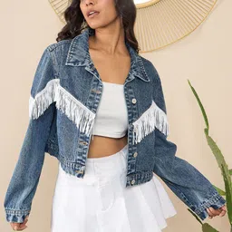 StyleStone Women Crop Outdoor Denim Jacket with Patchwork-image-1