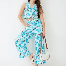 Globus Women Blue Notched Lapel Floral Print Crop Shirt & Wide Leg Trousers Co-Ord Set-15