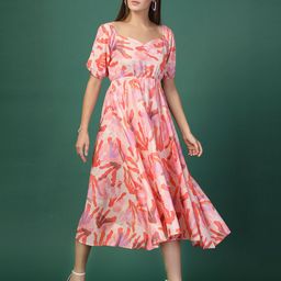 Oomph! Women Floral Printed Puff Sleeve Fit & Flare Midi Dress-image-78