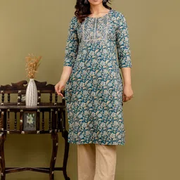 SARAI CREATIONS Women Floral Embroidered Mirror Work Pure Cotton Kurta with Trousers-picture-34