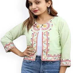 Prijam Ethnic Motifs Embroidered Crop Open Front Jacket-23