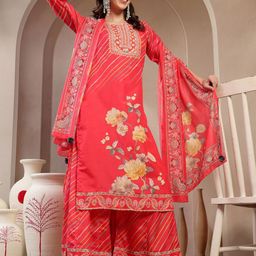Ramas Women Leheriya Printed Regular Mirror Work Kurta with Palazzos & With Dupatta-image-45