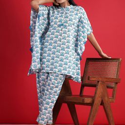 Indo Era Printed Pure Cotton Mandarin Collar Neck Top & Flared Trouser Co-Ords-image-65