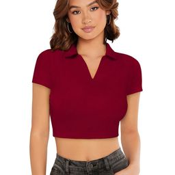 unianta Women Shirt Collar Solid Crop Top-image-31