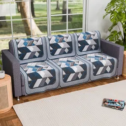 Aura Grey & Blue 6 Pieces Geometric Printed 3 Seater Velvet Sofa Covers-74