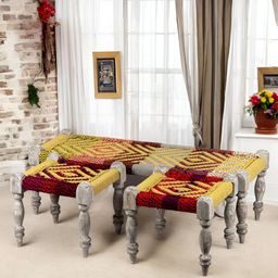 Ikiriya Yellow & Red Wood 3 Maachi Bench Set With 2 Stools-7
