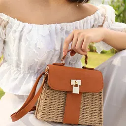 haute sauce by  campus sutra HAUTE SAUCE by Campus Sutra Geometric Self Design Straw Structured Shoulder Bag image 5