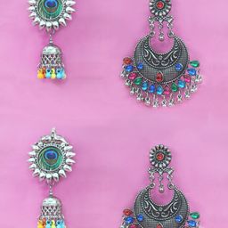 Krelin Set Of 2 Silver-Plated Stone Studded Classic Drop Earrings-image-63