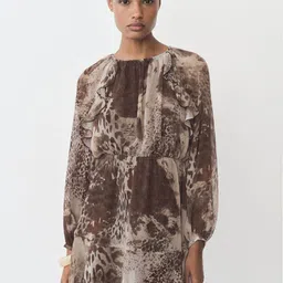 MANGO Leopard Print Ruffled Detail Raglan Sleeves Georgette Mini A-Line Dress-image-38