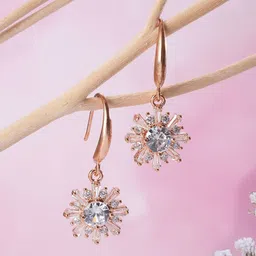 Jazz and Sizzle Rose Gold-Plated American Diamond Studded Floral Shaped Drop Earrings-21