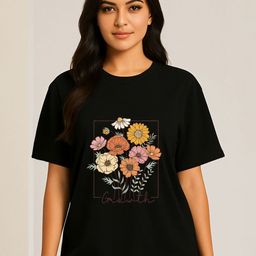 WOBE Women Floral Printed Round Neck Pure Cotton T-shirt-image-98