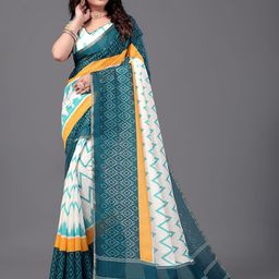GRIOPY Geometric Printed Zari Pure Linen Saree-4