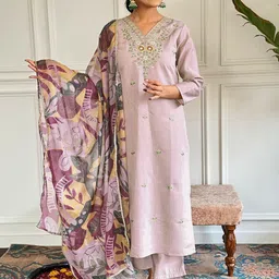 HERE&NOW Floral Embroidered V-Neck Zari Straight Kurta With Palazzos & Dupatta-35