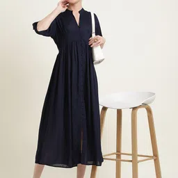 ZARI Women Mandarin Collar A-Line Midi Dress-image-55