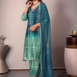 Moda Rapido Bandhani Printed V-Neck Sequinned Straight Kurta With Trousers & Dupatta-4