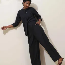 trueBrowns Mandarin Collar Shirt With Trousers Black Cotton Co-Ord Set-image-52