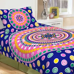 POORAK Blue & Pink Jaipuri Print Pure Cotton 104 TC Single Bedsheet with 1 Pillow Cover-image-96