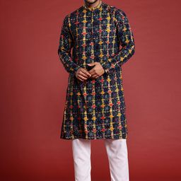 MANQ Men Floral Printed Flared Sleeves Thread Work Kurta-picture-1