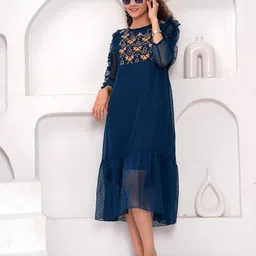 HIGHLIGHT FASHION EXPORT Women Floral Embroidered Ruffled Georgette Fit & Flare Midi Dress-image-65