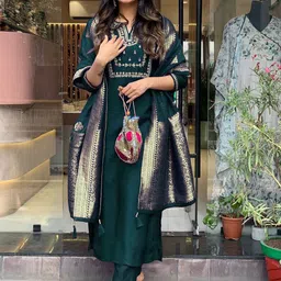 Siya Fashion Floral Yoke Design Notch Neck Zari Straight Kurta With Trouser & Dupatta-13