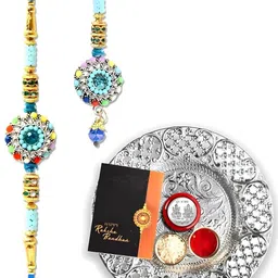 DeoDap Rakhi for Brother and Bhabhi with Dish Roli Chawal Coin & Greeting Card-77