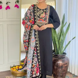 KALINI Ethnic Motifs Yoke Design Sequinned Straight Kurta With Trousers & Dupatta-image-38