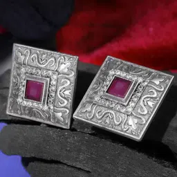 Sangria Silver-Plated Stones-Studded Oxidised Studs-79