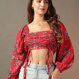 Trend Arrest Floral Print Puff Sleeve Georgette Crop Top-92