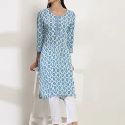 Rangriti Floral Printed Notch--Neck Cotton Straight Kurta-image-91