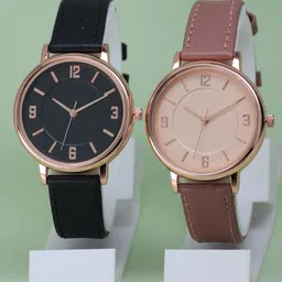 VIRAKTI Women Pack of 2 Brass Dial & Leather Straps Watch G-03-BLACK-PINK CREAM-24-image-80