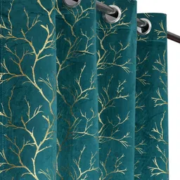 BELLA TRUE Blue & Gold-Toned 2 Pieces Floral Ripple Fold Velvet Window Curtain-image-66