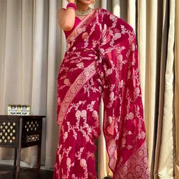 SHOP DROP Ethnic Motifs Zari Pure Chiffon Baluchari Saree-image-49
