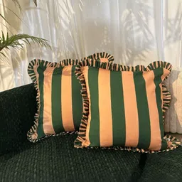 LUSHLYF Peach-Coloured & Green 2 Pieces Striped Pure Cotton Square Cushion Covers-5