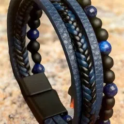 Black Blue Leather Braided Magnetic Clasp Leather Bracelet For Men-image-8